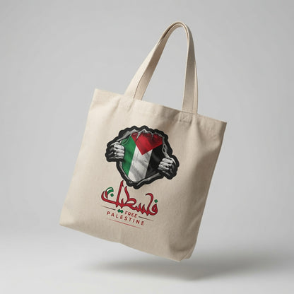 Palestine Flag Superhero Reveal Canvas Tote Bag – Arabic Calligraphy & Free Palestine Tote