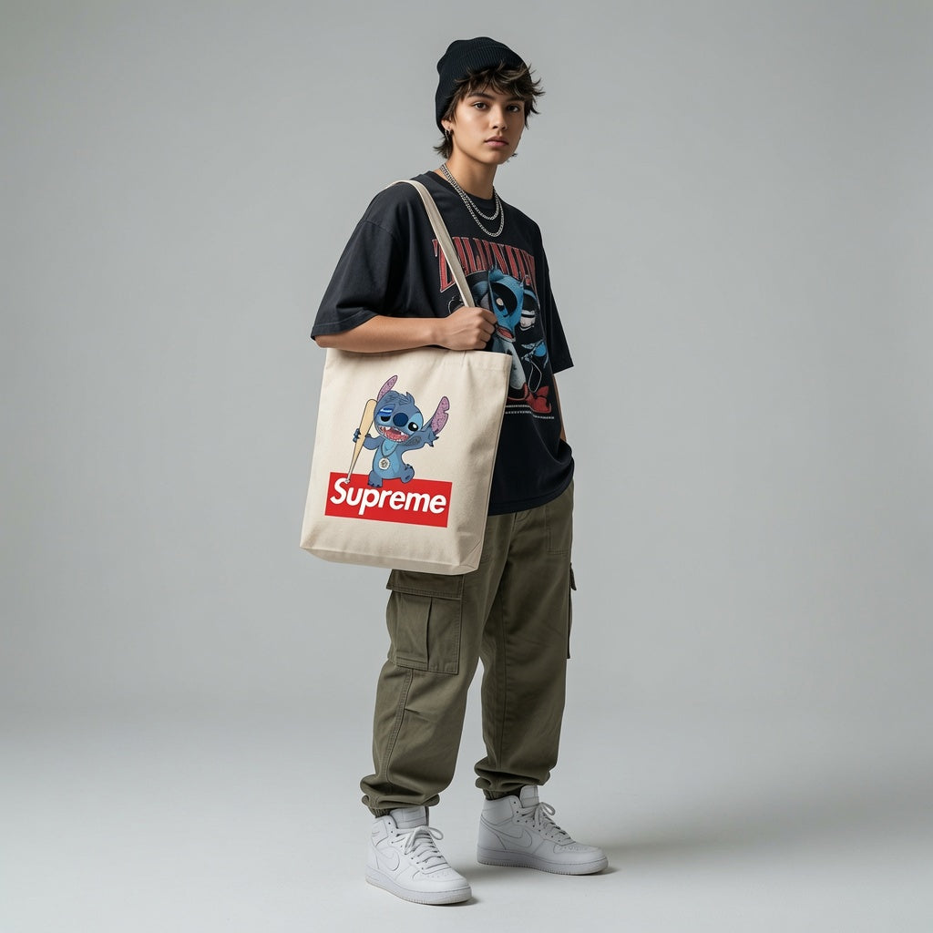 Bad Boy Stitch Supreme Box Logo Parody Canvas Tote Bag - Anime Streetwear Handbag