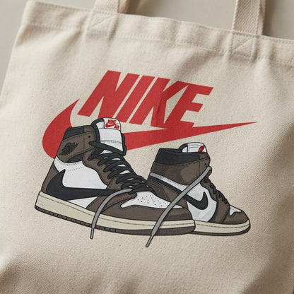 Retro Mocha High-Top Sneaker Pair Red Nike Swoosh Cotton Canvas Tote Bag