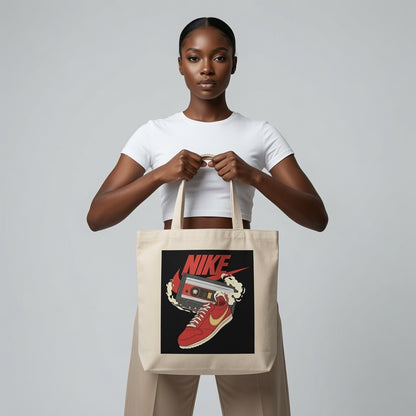 Retro Cassette Tape & Red Sneaker Graphic Canvas Tote Bag - Vintage Streetwear Shoulder Bag