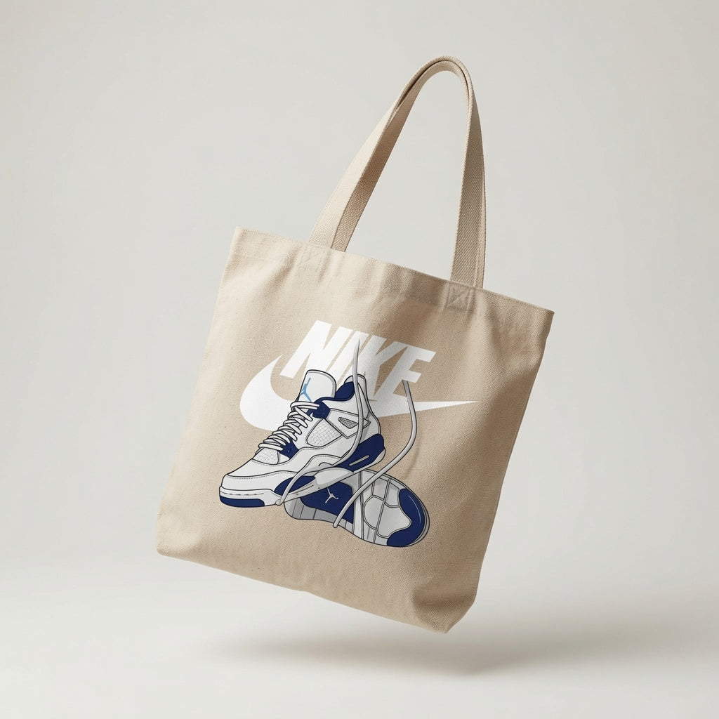 Retro Air Jordan 4 Blue & White Sneaker Nike Swoosh Cotton Canvas Tote Bag