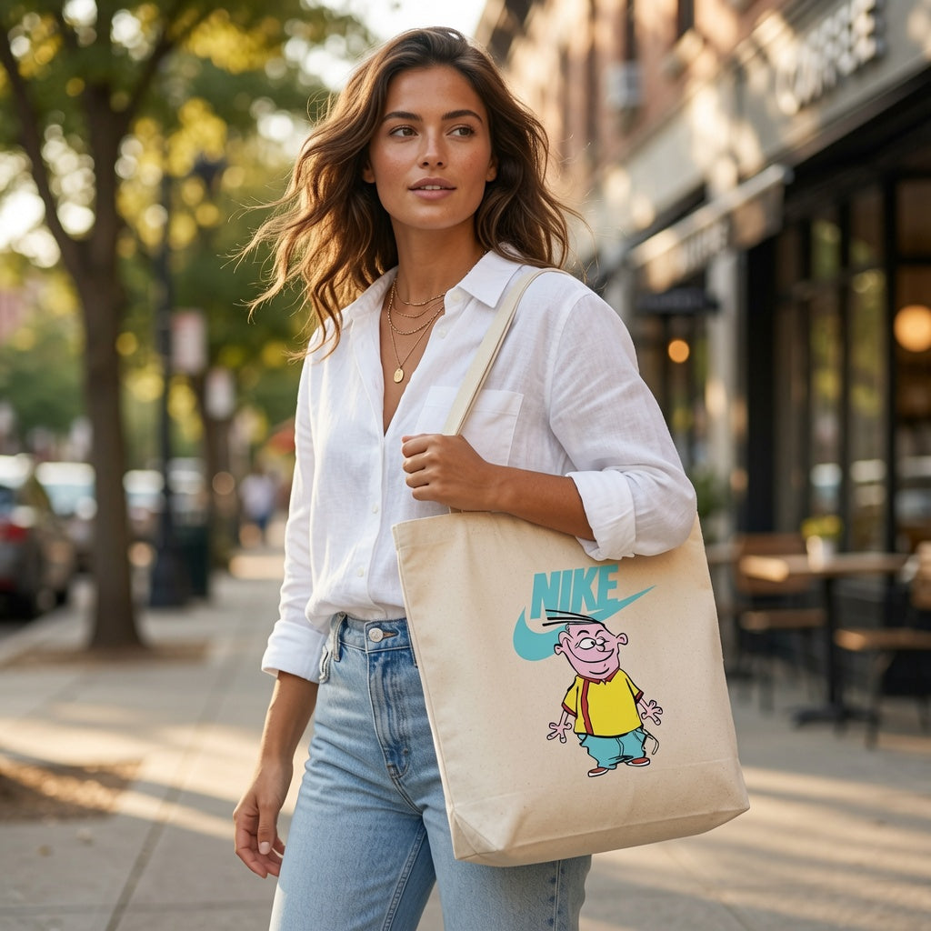 Classic Cartoon Eddy Light Blue Nike Swoosh Cotton Canvas Tote Bag