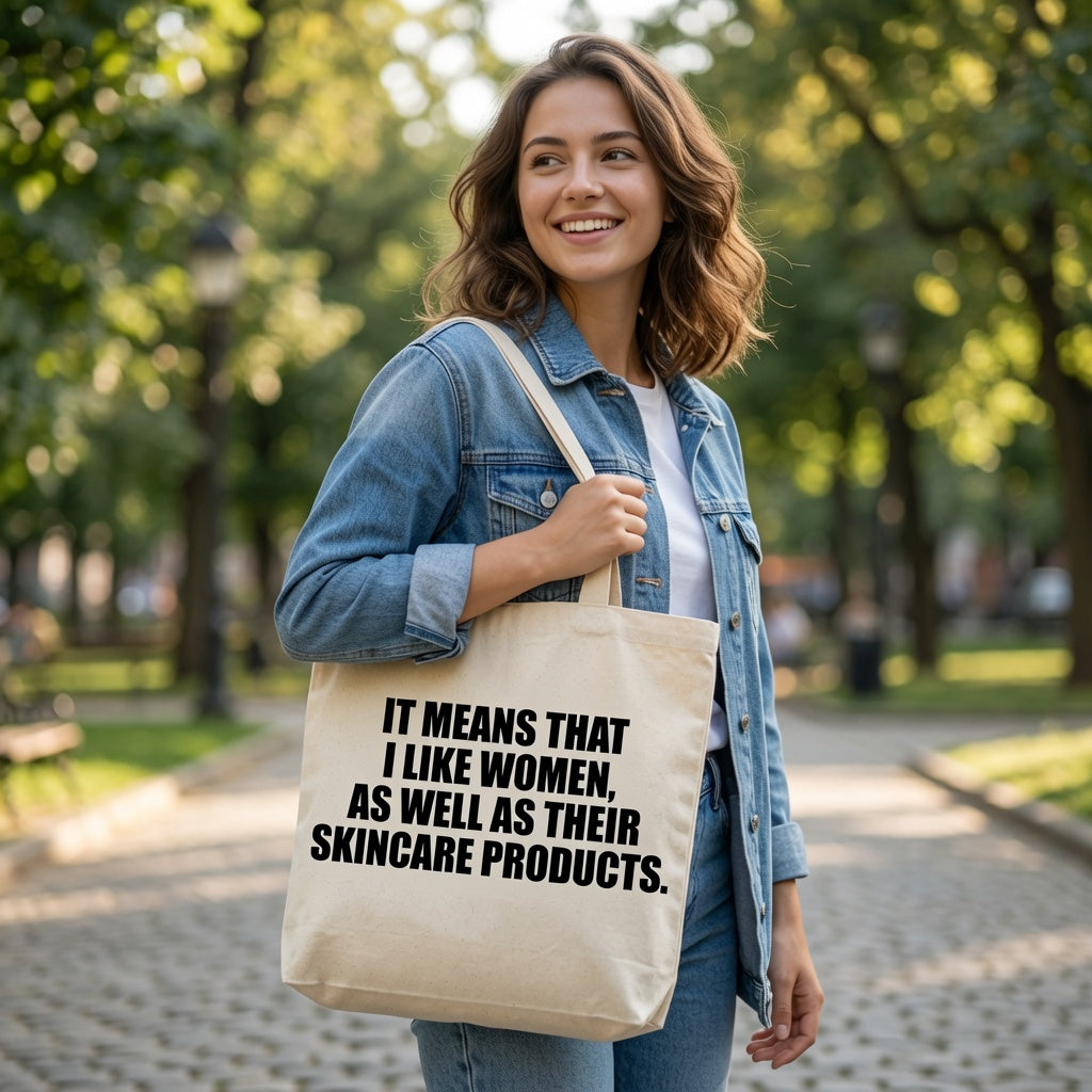 Funny Skincare Quote Canvas Tote Bag - "I Like Women As Well As Their Skincare"