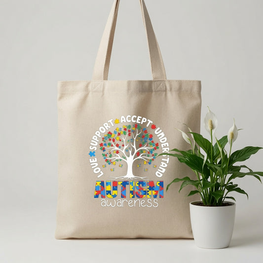 Autism Awareness Tree Canvas Tote Bag – Love Support Accept Understand Tote