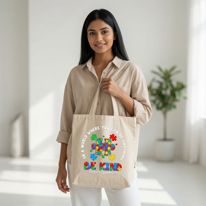 In A World Where You Can Be Anything Be Kind Autism Awareness Canvas Tote Bag – Inspirational Acceptance Gift