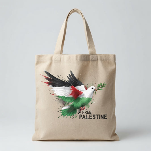 Free Palestine Peace Dove Canvas Tote Bag – Palestinian Flag Olive Branch Tote