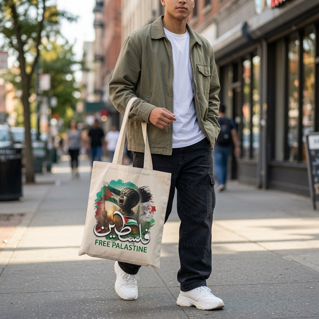 Free Palestine Canvas Tote Bag – Arabic Calligraphy & Flag Heritage Tote