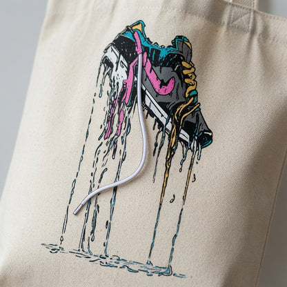 Melting Drip Sneaker Graphic Canvas Tote Bag - Abstract Streetwear Pop Art Shoulder Bag
