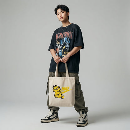 Lazy Cat Sportswear Parody Canvas Tote Bag - Retro Cartoon Graphic Handbag