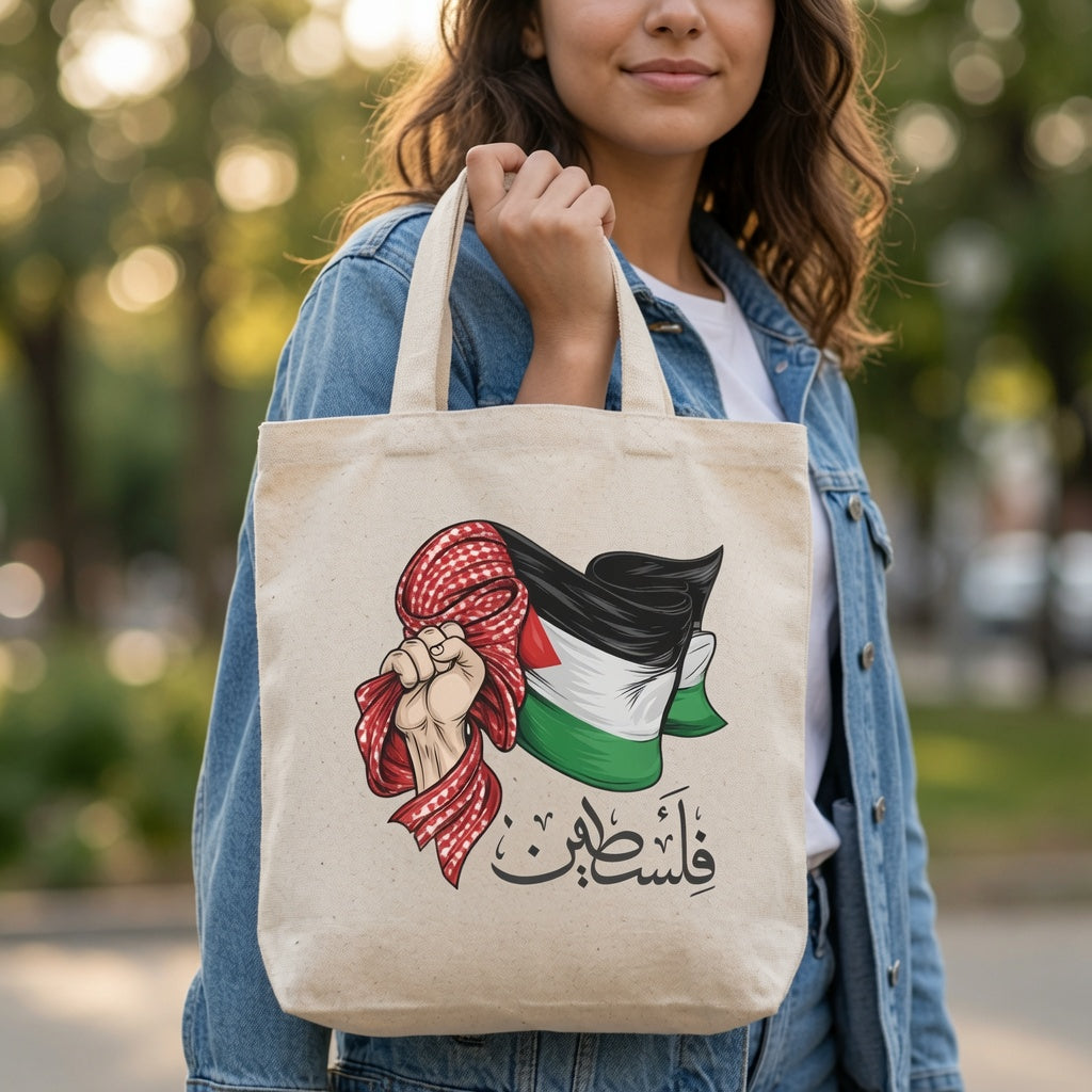 Palestine Resistance Hand Keffiyeh Canvas Tote Bag – Arabic Calligraphy & Flag Tote