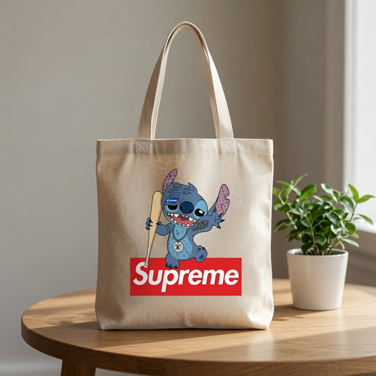 Bad Boy Stitch Supreme Box Logo Parody Canvas Tote Bag - Anime Streetwear Handbag
