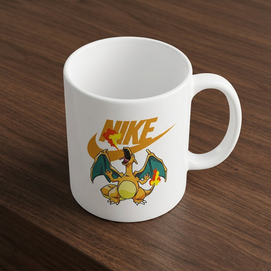 Nike Inspired Charizard Fire Dragon Parody White Ceramic Mug - Sneakerhead Anime Graphic Coffee Cup (11oz)