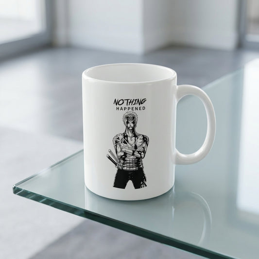 One Piece Roronoa Zoro "Nothing Happened" White Ceramic Cup - Anime Graphic Coffee Cup (11oz)