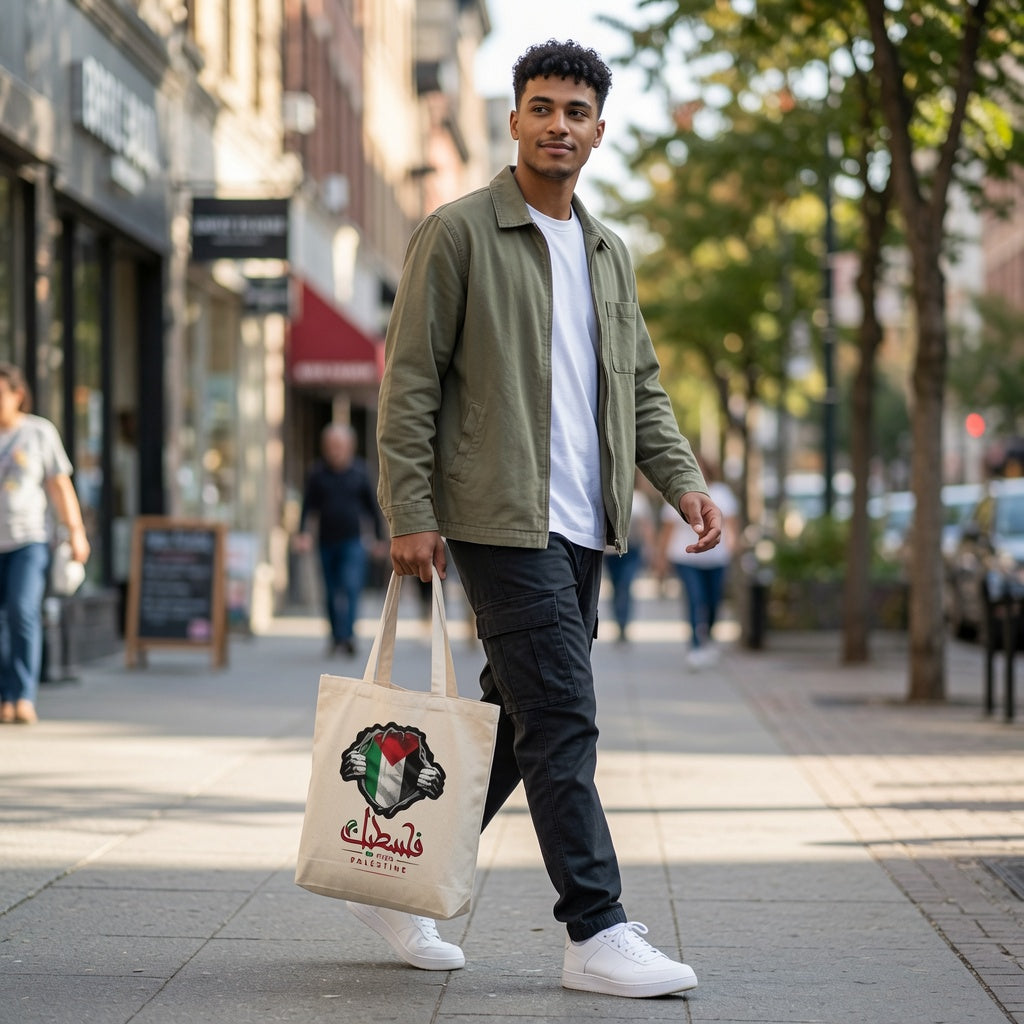 Palestine Flag Superhero Reveal Canvas Tote Bag – Arabic Calligraphy & Free Palestine Tote