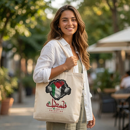 Palestine Flag Superhero Reveal Canvas Tote Bag – Arabic Calligraphy & Free Palestine Tote