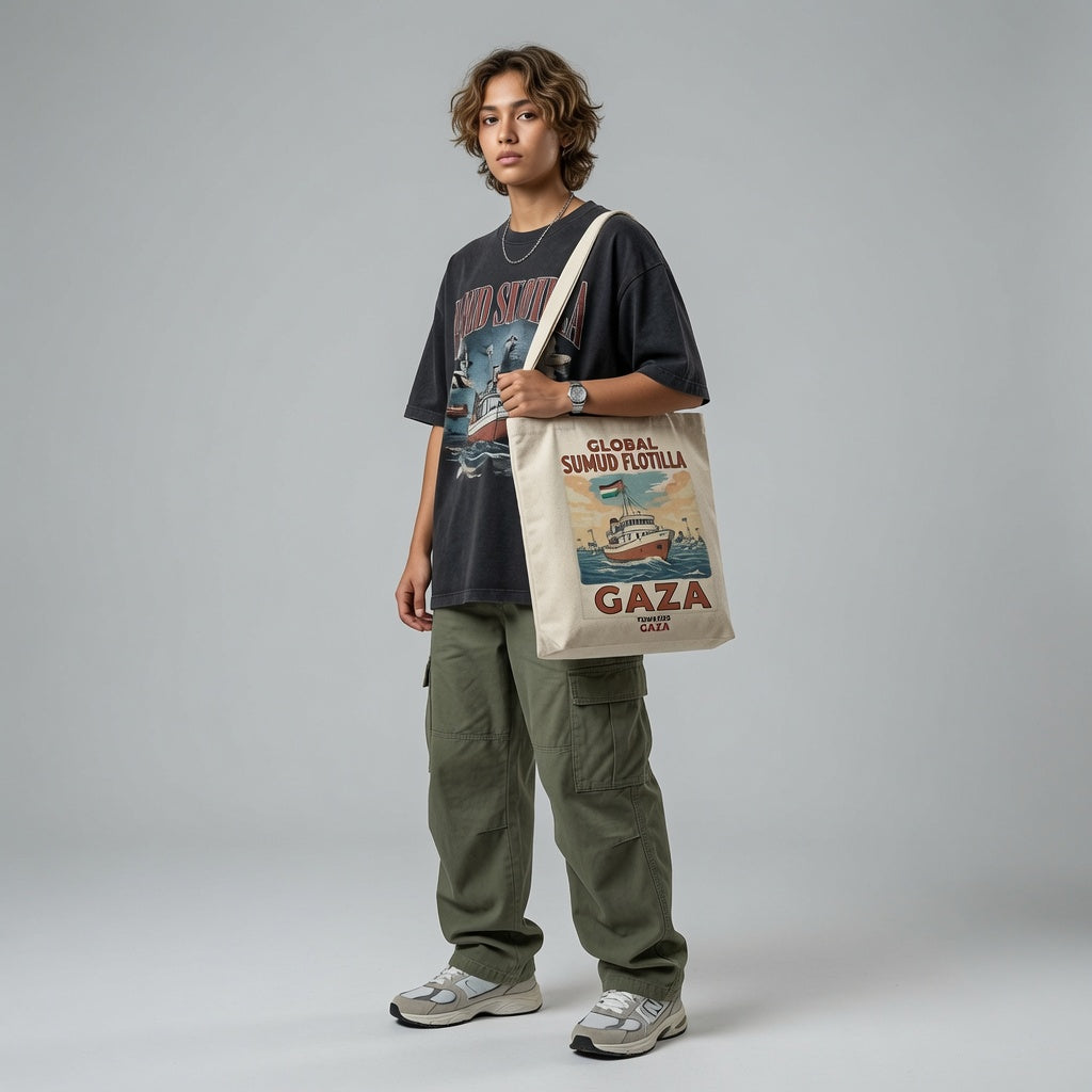 Global Sumud Flotilla Gaza Vintage Art Canvas Tote Bag - Retro Solidarity Handbag