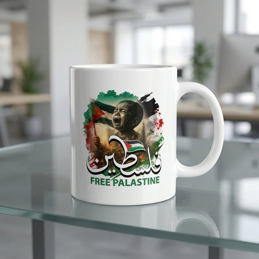 Free Palestine Arabic Calligraphy Child Art Graphic Ceramic Cup – High-Quality Printed Tea & Coffee Drinkware