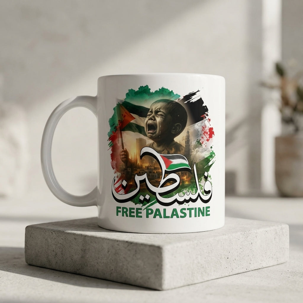 Free Palestine Arabic Calligraphy Child Art Graphic Ceramic Cup – High-Quality Printed Tea & Coffee Drinkware