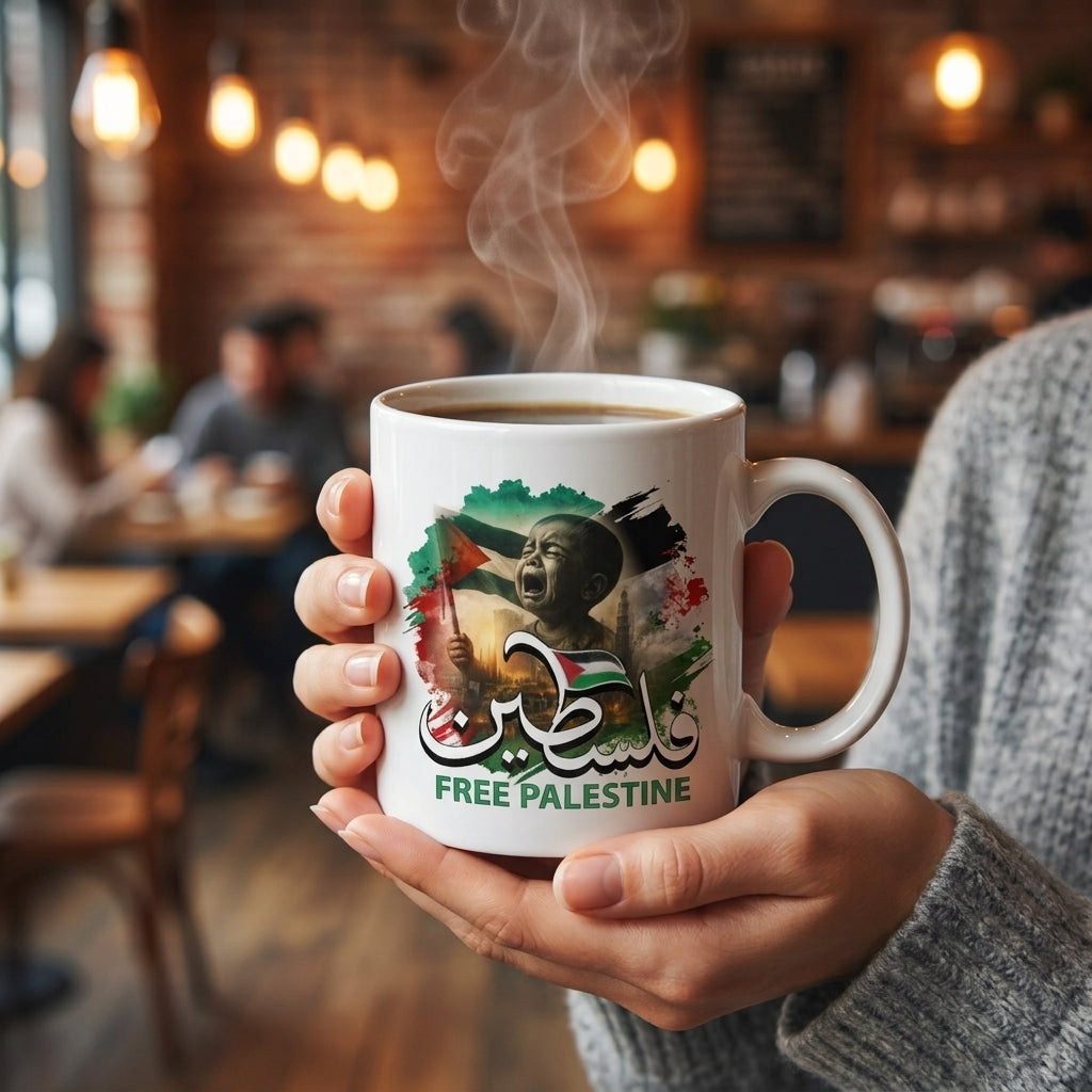 Free Palestine Arabic Calligraphy Child Art Graphic Ceramic Cup – High-Quality Printed Tea & Coffee Drinkware