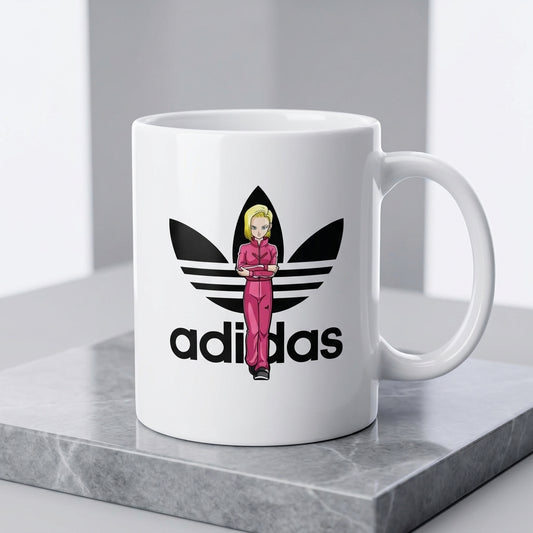 Adidas Inspired Anime Girl Pink Tracksuit Parody White Ceramic cup - Cute Streetwear Graphic Coffee Cup (11oz)