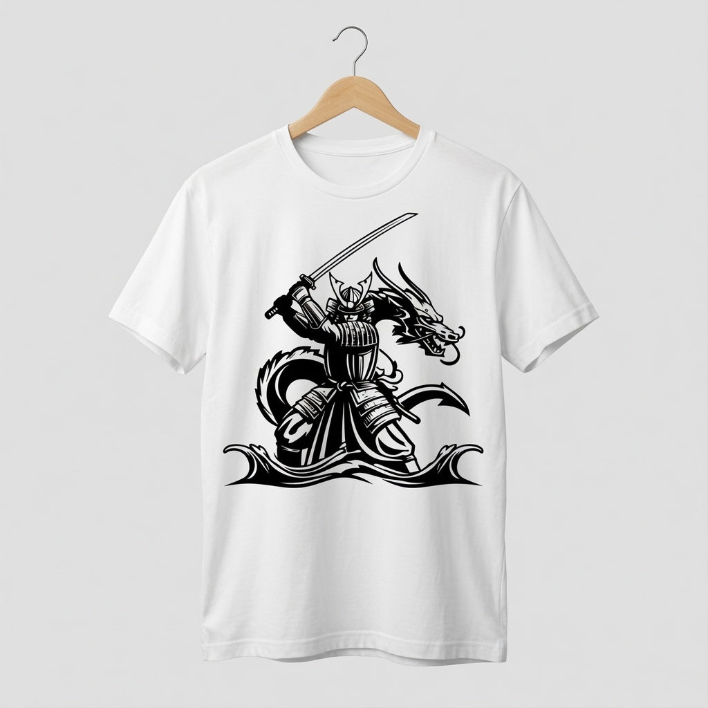 Samurai Dragon T-Shirt Japanese Katana Graphic Tee White