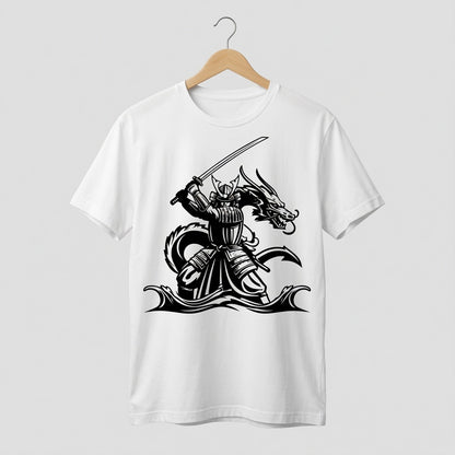 Samurai Dragon T-Shirt Japanese Katana Graphic Tee White