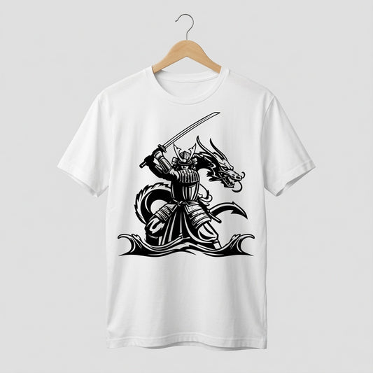 Samurai Dragon T-Shirt Japanese Katana Graphic Tee White