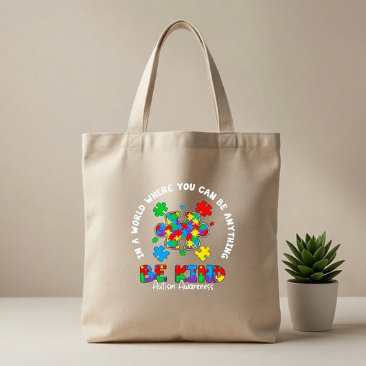 In A World Where You Can Be Anything Be Kind Autism Awareness Canvas Tote Bag – Inspirational Acceptance Gift