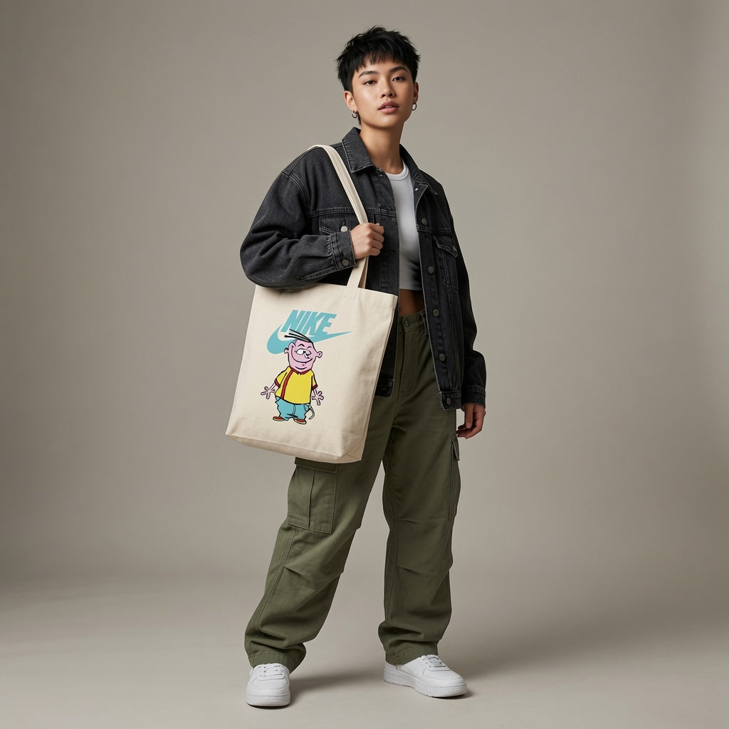 Retro Cartoon Character Graphic Canvas Tote Bag | Nostalgic 90s Pop Culture Cotton Tote