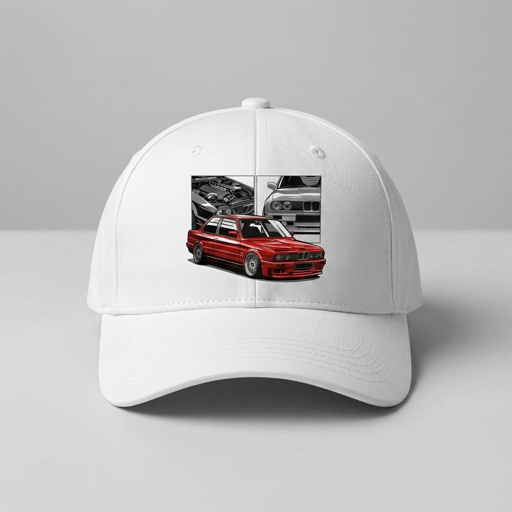 Retro BMW E30 M3 Sports Car Pop Culture Graphic Baseball Cap (White)