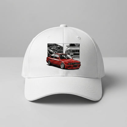 Retro BMW E30 M3 Sports Car Pop Culture Graphic Baseball Cap (White)