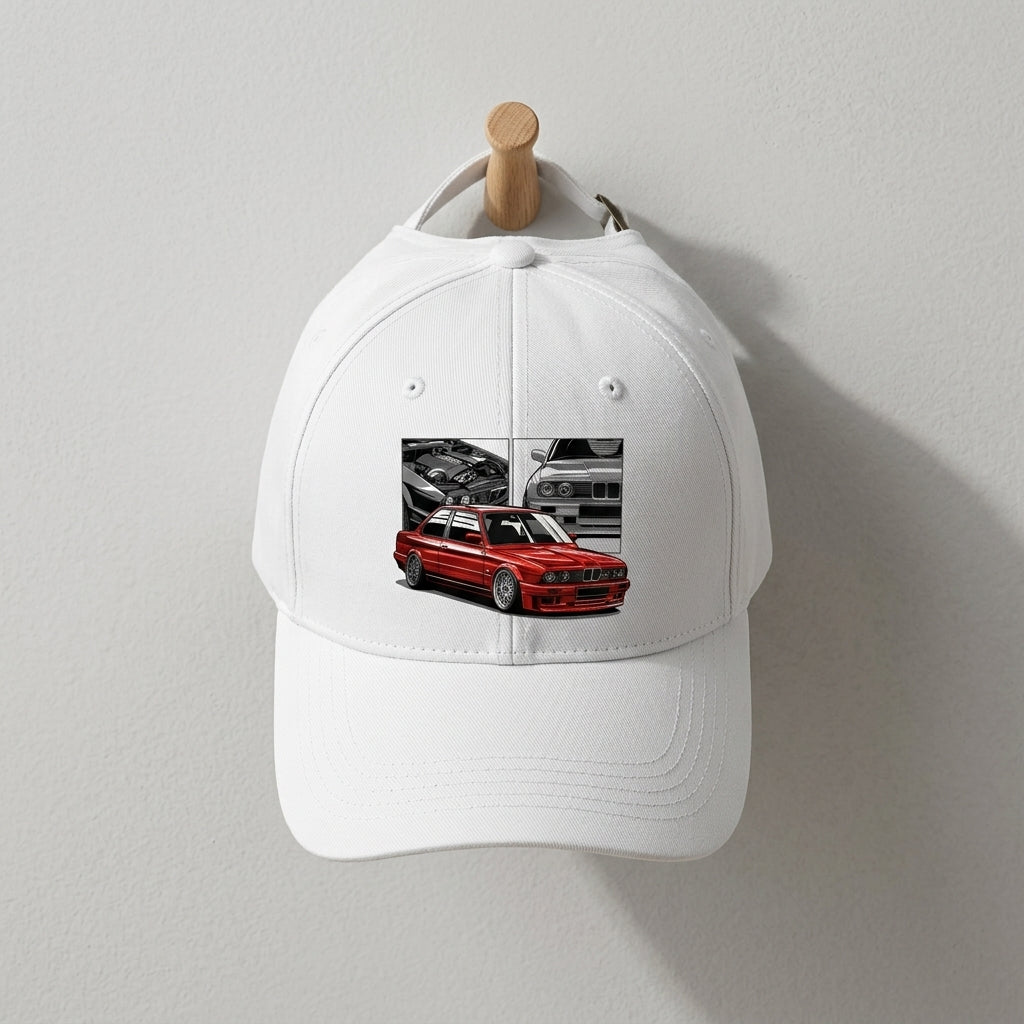 Retro BMW E30 M3 Sports Car Pop Culture Graphic Baseball Cap (White)