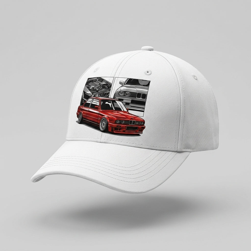 Retro BMW E30 M3 Sports Car Pop Culture Graphic Baseball Cap (White)