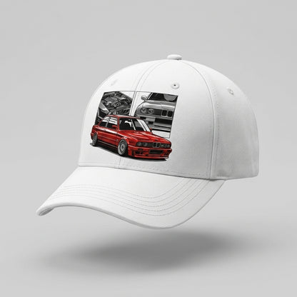 Retro BMW E30 M3 Sports Car Pop Culture Graphic Baseball Cap (White)