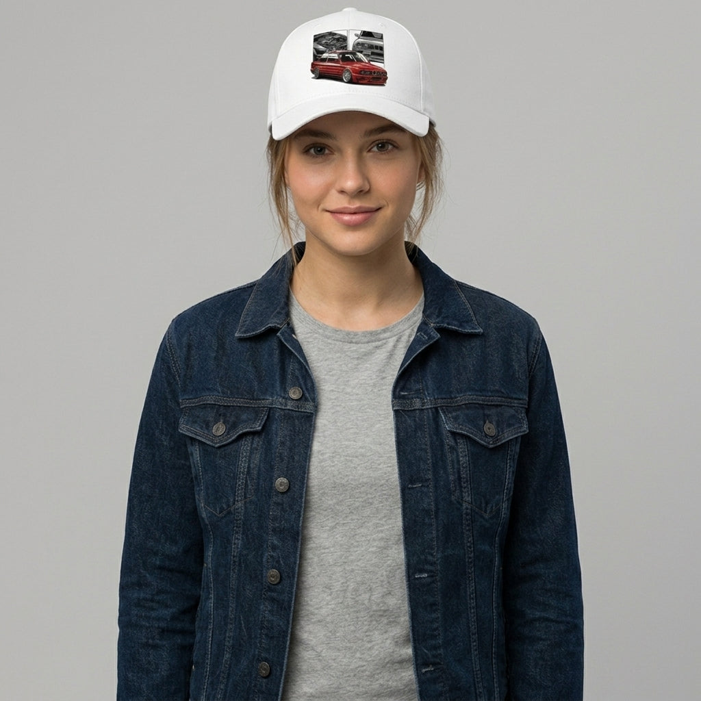 Retro BMW E30 M3 Sports Car Pop Culture Graphic Baseball Cap (White)