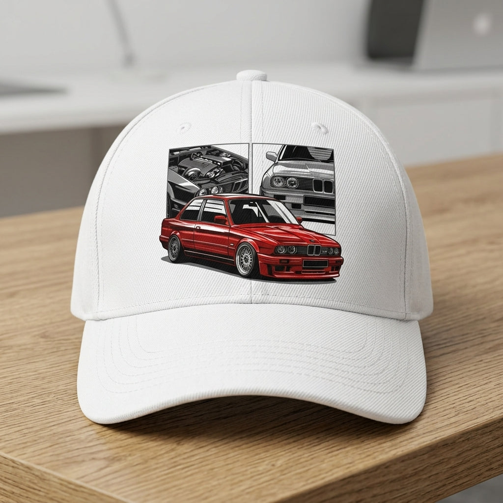Retro BMW E30 M3 Sports Car Pop Culture Graphic Baseball Cap (White)