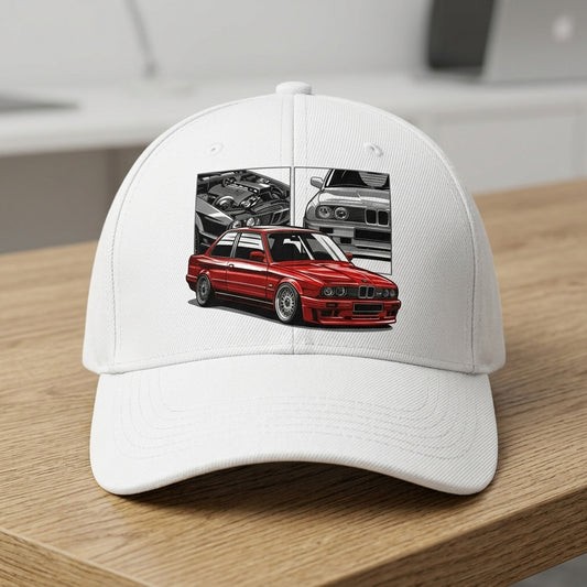 Retro BMW E30 M3 Sports Car Pop Culture Graphic Baseball Cap (White)