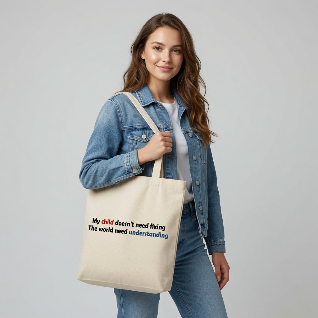 My Child Doesn't Need Fixing Autism Awareness Canvas Tote Bag – Parent Advocacy Tote
