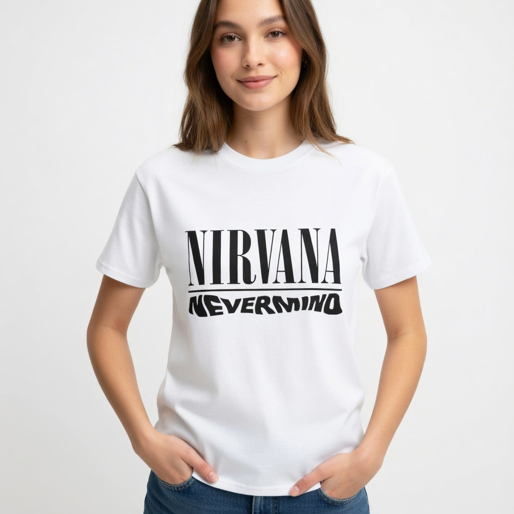Nirvana "Nevermind" Minimalist Typography Graphic Tee