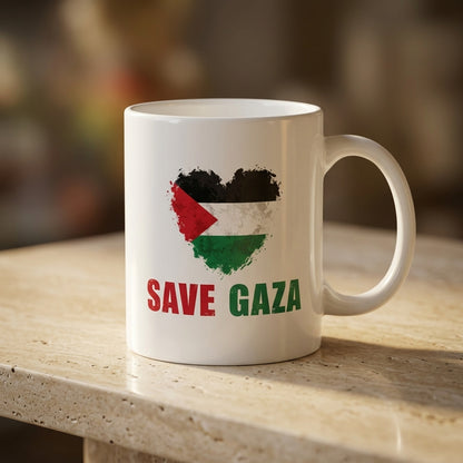 Save Gaza Palestine Flag Heart Graphic Ceramic Cup – High-Quality Printed Tea & Coffee Drinkware