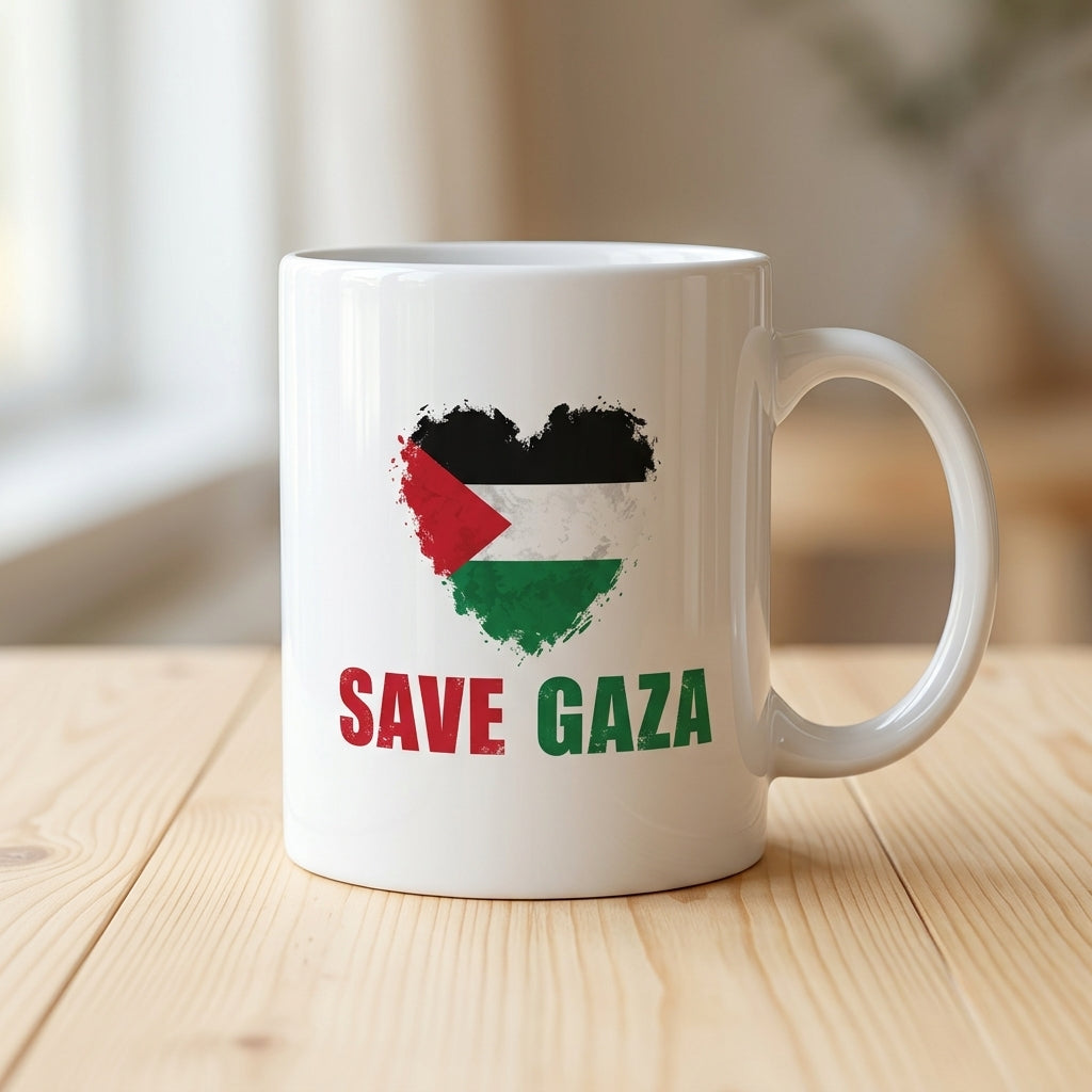 Save Gaza Palestine Flag Heart Graphic Ceramic Cup – High-Quality Printed Tea & Coffee Drinkware