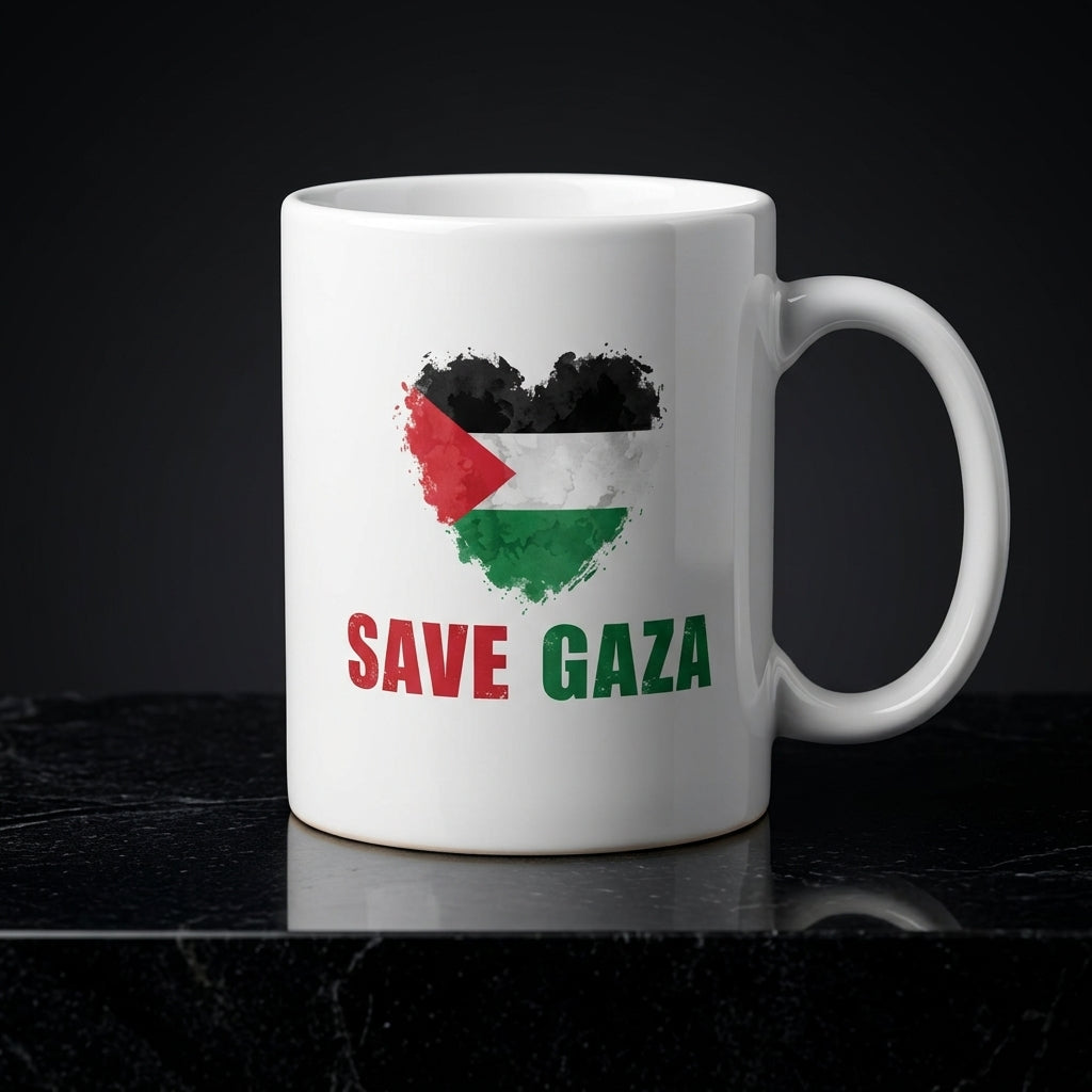 Save Gaza Palestine Flag Heart Graphic Ceramic Cup – High-Quality Printed Tea & Coffee Drinkware