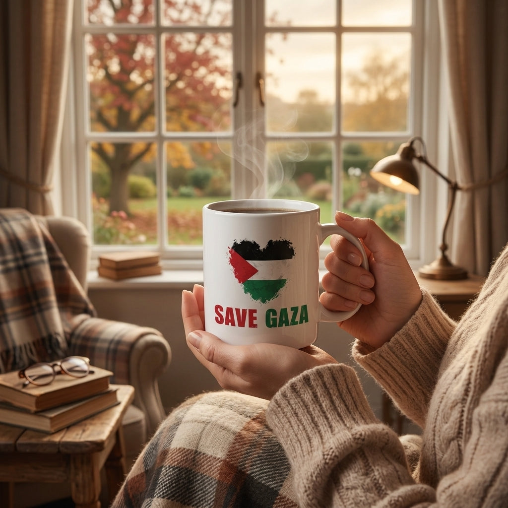 Save Gaza Palestine Flag Heart Graphic Ceramic Cup – High-Quality Printed Tea & Coffee Drinkware