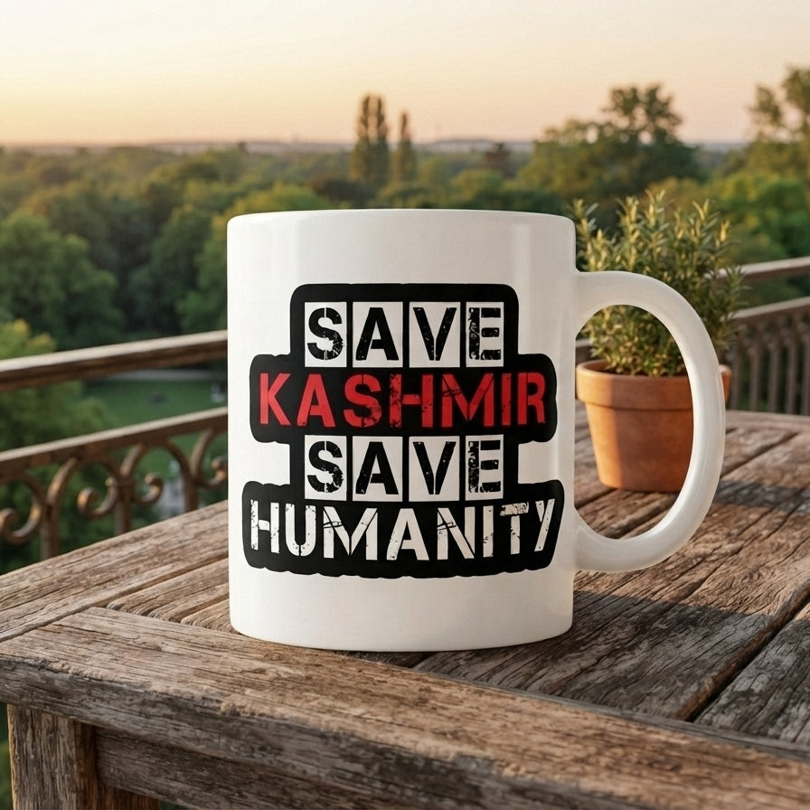 Save Kashmir Save Humanity Typography Graphic Ceramic Cup – High-Quality Printed Tea & Coffee Drinkware
