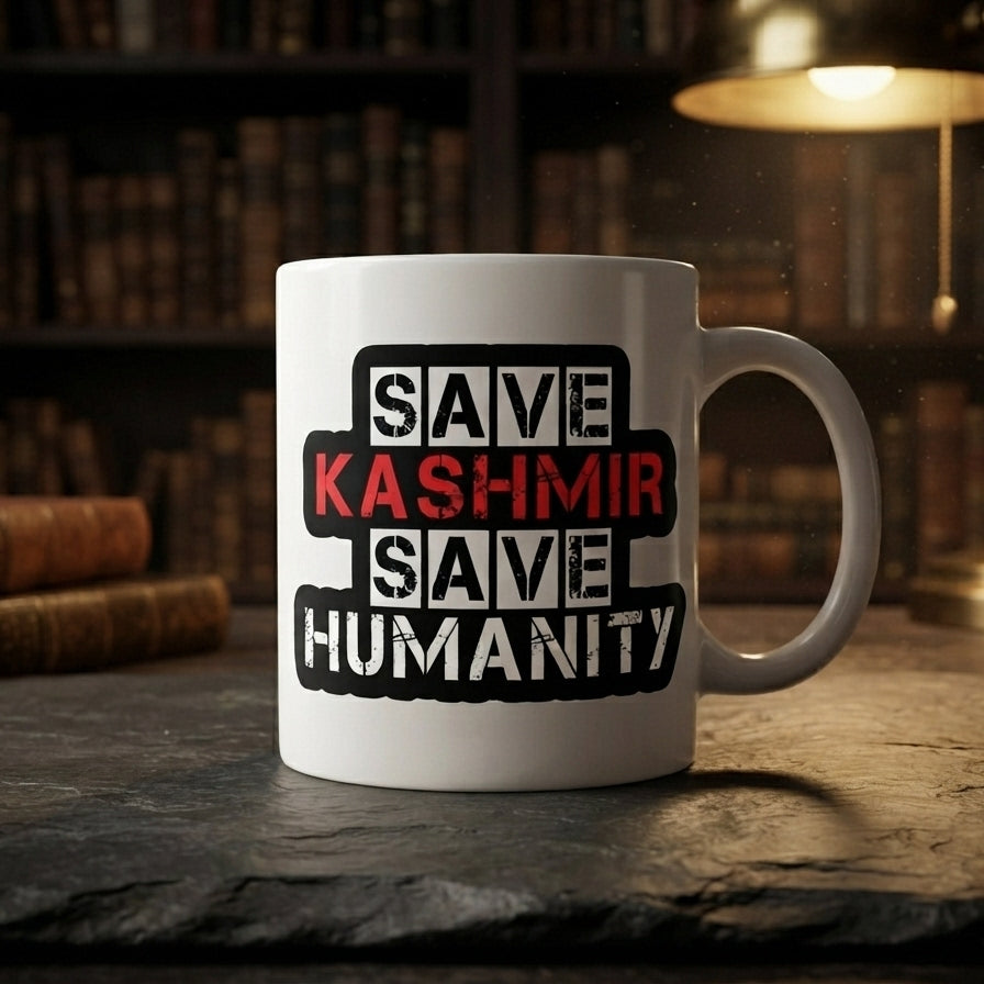 Save Kashmir Save Humanity Typography Graphic Ceramic Cup – High-Quality Printed Tea & Coffee Drinkware