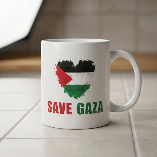 Save Gaza Palestine Flag Heart Graphic Ceramic Cup – High-Quality Printed Tea & Coffee Drinkware