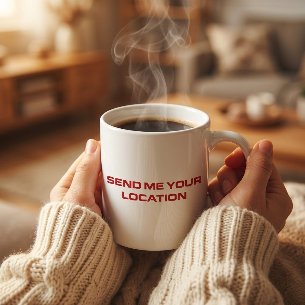 Send Me Your Location Red Typography Waterproof Vinyl Sticker - Funny Quote Graphic Decal for Mugs, Laptops, Water Bottles, Cars & Skateboards
