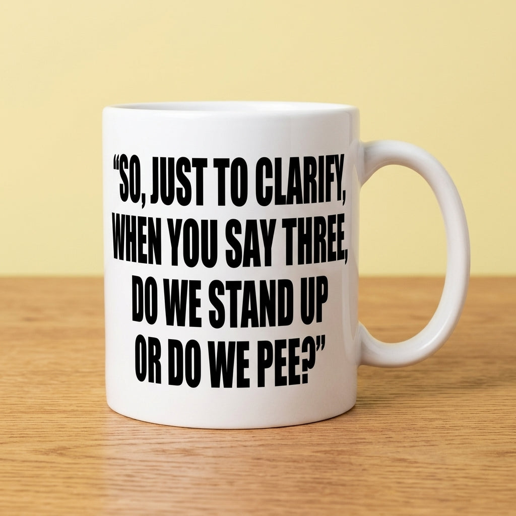 So Just To Clarify When You Say Three Do We Stand Up Or Do We Pee Funny Ceramic Coffee Mug - Hilarious Sarcastic Adult Humor Drinkware Cup (11oz)