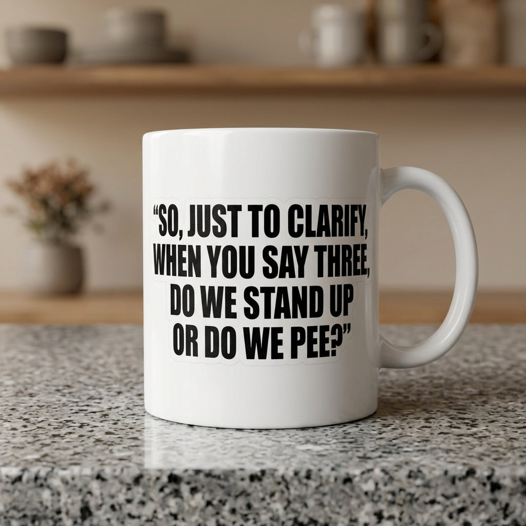 So Just To Clarify When You Say Three Do We Stand Up Or Do We Pee Funny Ceramic Coffee Mug - Hilarious Sarcastic Adult Humor Drinkware Cup (11oz)