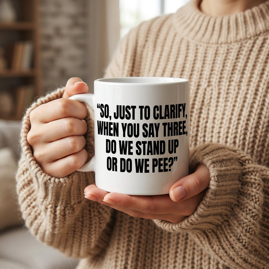 So Just To Clarify When You Say Three Do We Stand Up Or Do We Pee Funny Ceramic Coffee Mug - Hilarious Sarcastic Adult Humor Drinkware Cup (11oz)